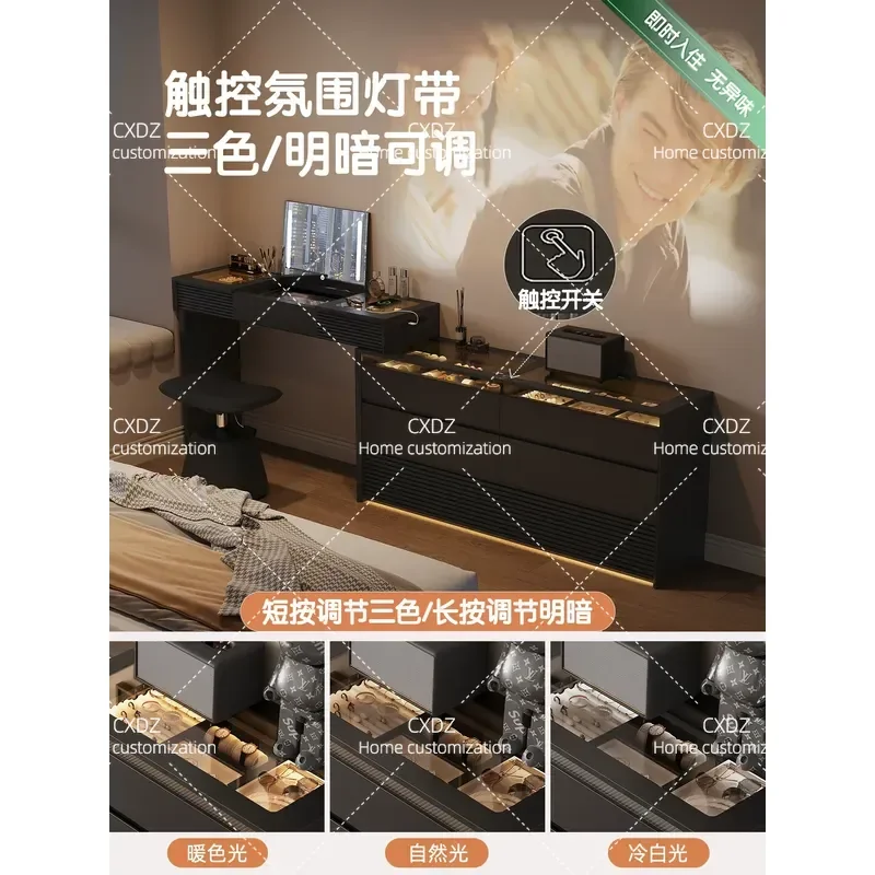 L Shaped Solid Wood Bedside Dresser with Flip Top Cosmetic Table Retractable Storage Cabinet for Bedroom Corner Integrated