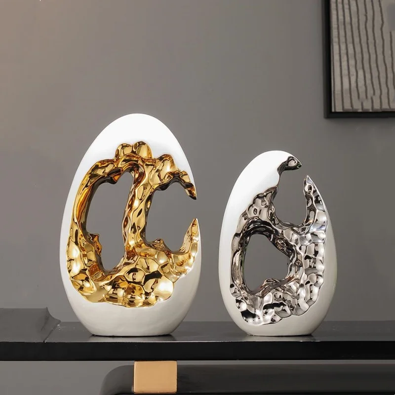 Ceramic Handicraft Abstract Golden Egg Hollow Eggshell Easter Sculpture Decorative Figurines Home Decoration Accessories
