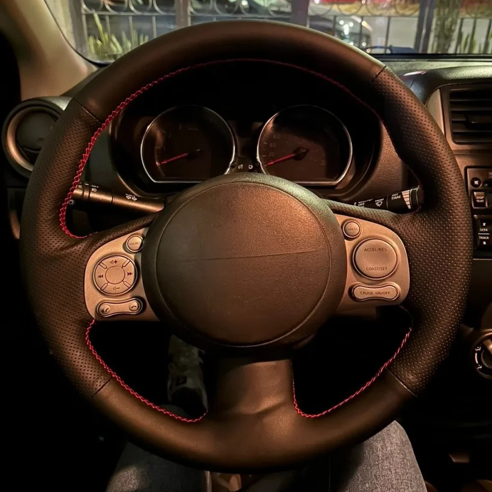 Hand Stitched Black Perforated Non-slip Microfiber Leather Steering Wheel Cover For Nissan March Sunny Versa Almera 2013