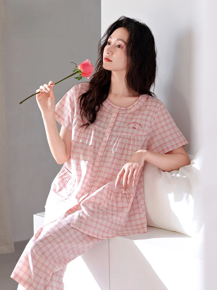 pure-cotton-summer-sleepwear-ladies-loose-fit-short-sleeve-seven-inch-pants-plus-size-home-clothes-set-comfortable-home-fashion