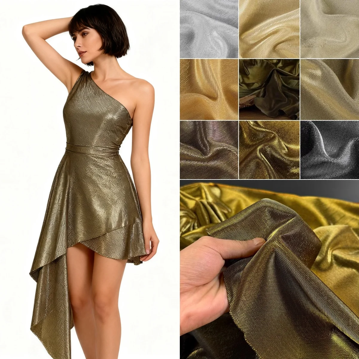 

Gold colored bright silk fabric, elastic knitted bright wrinkle resistant dress, stage performance clothing, background fabric