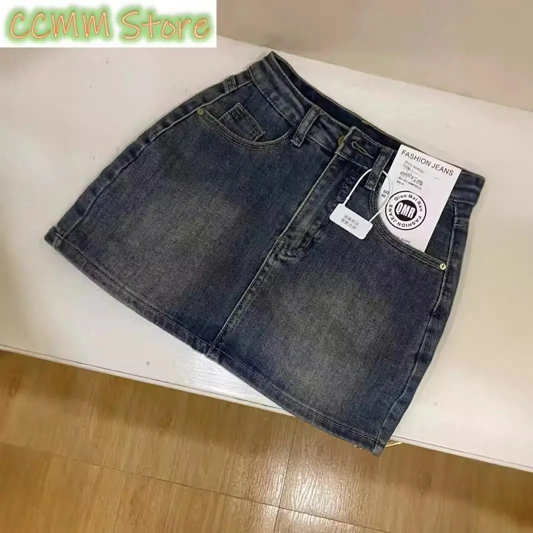 Vintage Distressed Denim Mini Dress Women's Petite High-Waisted Plus Size Versatile Loose-Fit Anti-Exposure Skirt Summer 2024 Ne
