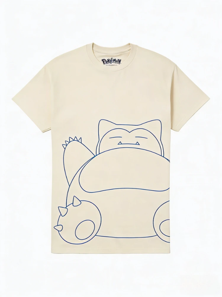 Bandai, nueva camiseta holgada y cómoda de manga corta con estampado artístico de línea de snorlax de bolsillo para hombre a la moda de alta calidad para padres e hijos