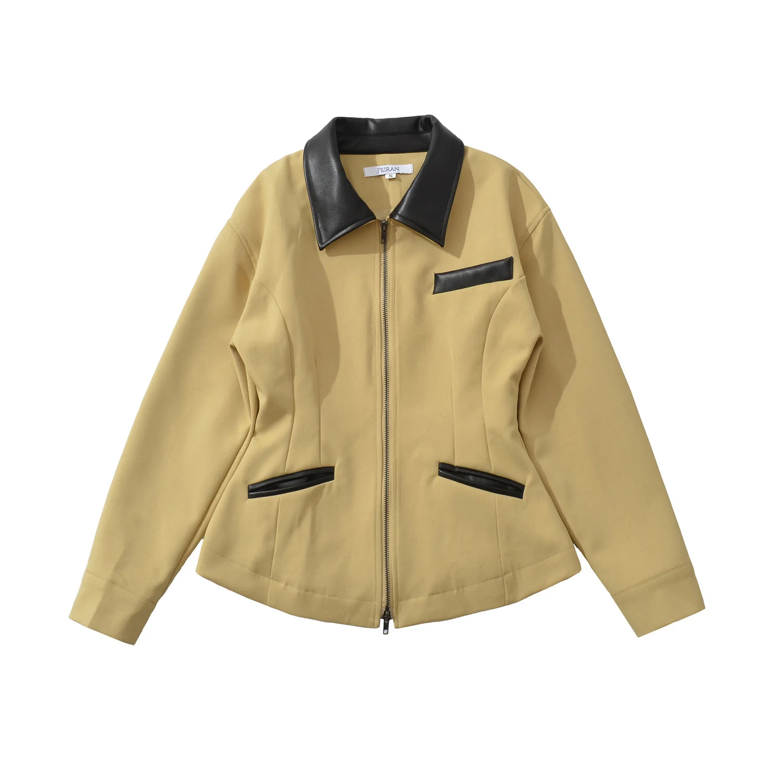 ملابس نسائية صيفية جديدة بمزاج عتيق بسيطة وعصرية بقصة ضيقة من الجلد الصناعي المرقعة وطية صدر السترة بأكمام طويلة