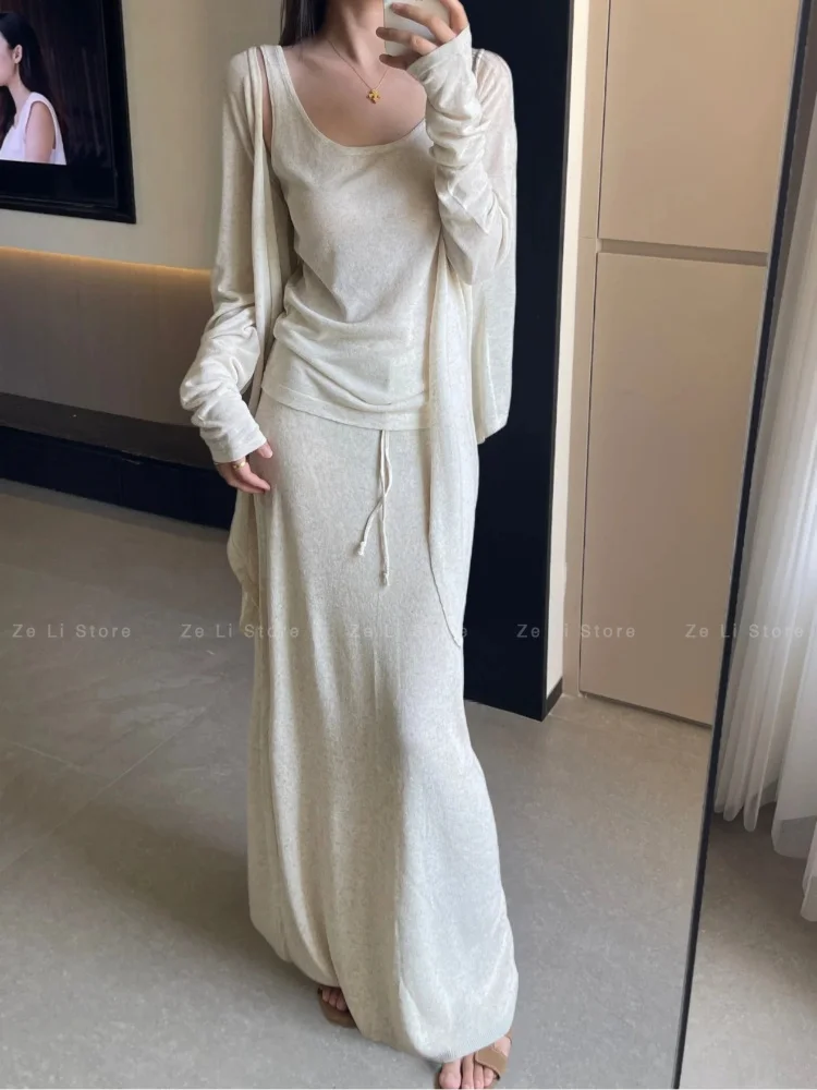 Autumn Set High Knitted Open Cardigan U-Neck Vest Top Half Skirt Three-Piece Casual Wear Complete Women's Fashion Set
