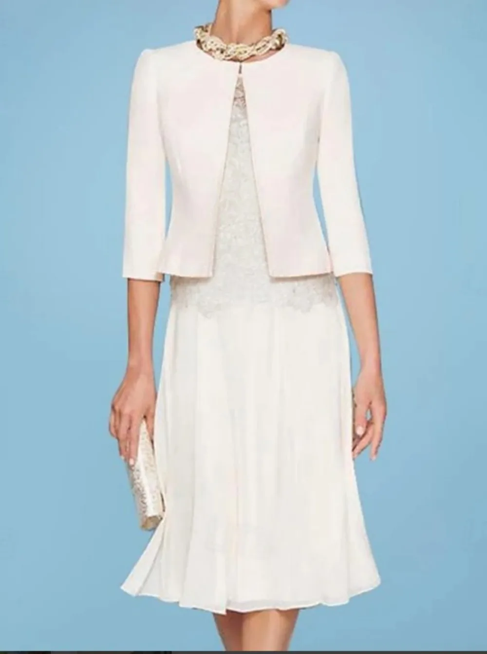 Vestido midi de dos piezas Forvety |   Chaqueta de manga larga con falda tubo con cuello redondo y corpiño de encaje, vestido formal y vestido de fiesta