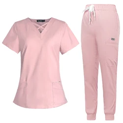 Conjunto de ropa quirúrgica con múltiples bolsillos y cuello en V para mujer, uniforme de Hospital para mascotas, trajes de fregado de Color sólido, Joggers, precio al por mayor