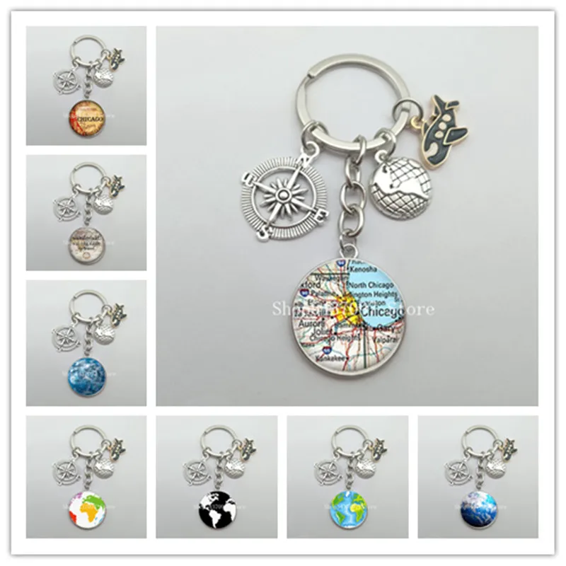 Earth plane keychain pendant earth compass personality memorial key ring gift for travel lovers