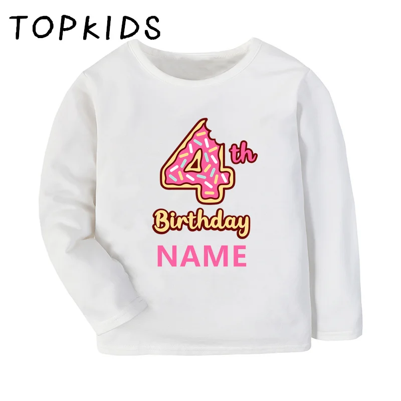 Customize Name Kids T-shirts Donuts My 1 2 3 4 5 6 7 8th Years Birthday Girls Clothes Baby Children Long Sleeve T shirt Present