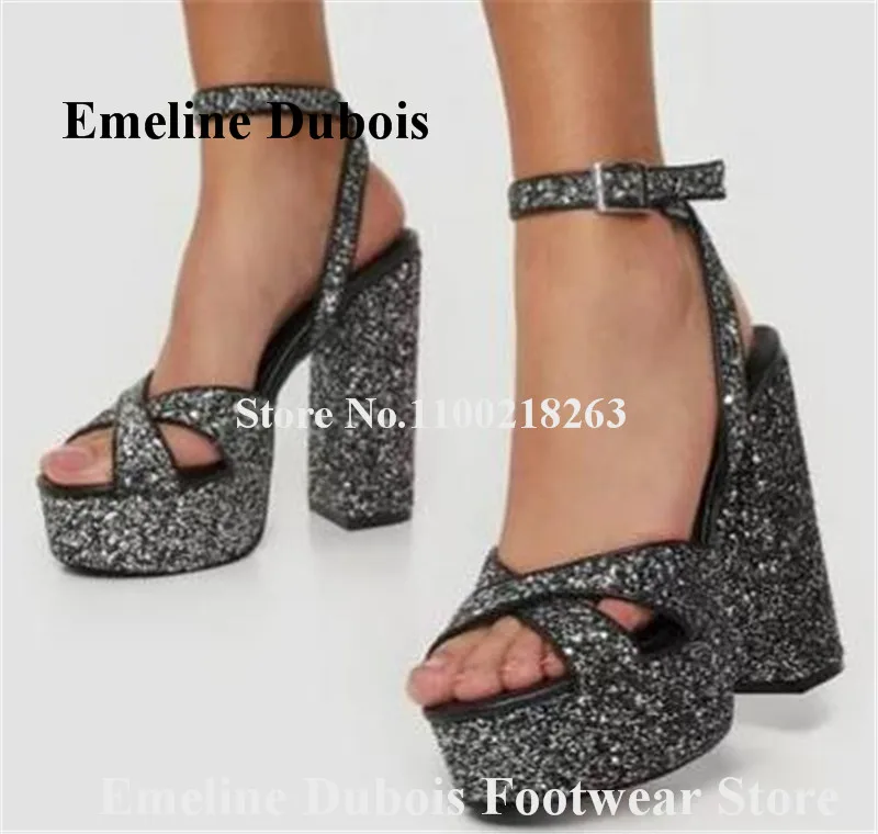 Bling Bling Glitter Sandals Emeline Dubois Open Toe Black Sequined High Platform Chunky Heel Sandals Wedding Big Size Heels