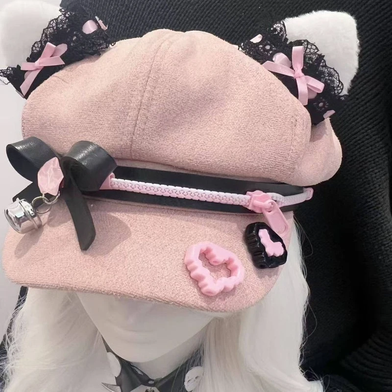 cat ear beret cute girl cute y2k hat baseball hat subculture octagonal hat