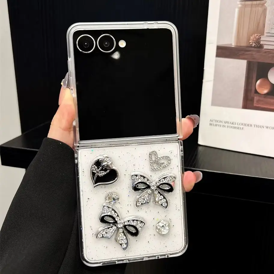 Y2K Edgy Rhinestone Bow Heart Clear Glitter Phone Case for Z Flip 8-3 Crystal Bead Strap Cover for Samsung Galaxy Z Fold 8-4