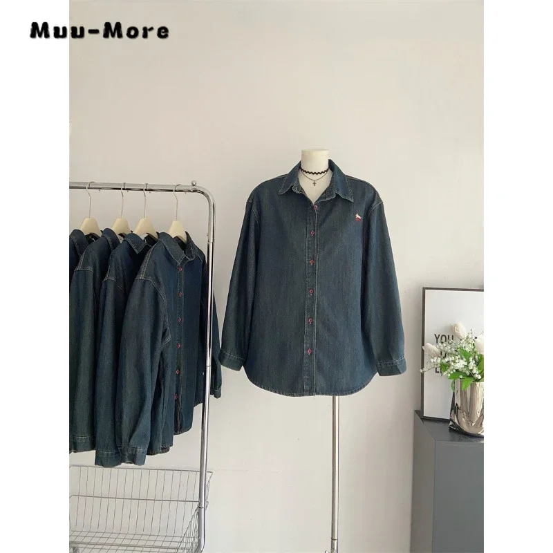 2023 Winter Korean Style Slim Casual Turn-down Collar Denim Shirt Women Fashion Hotsweet Streetwear Style Blue Y2K Loose Blouse