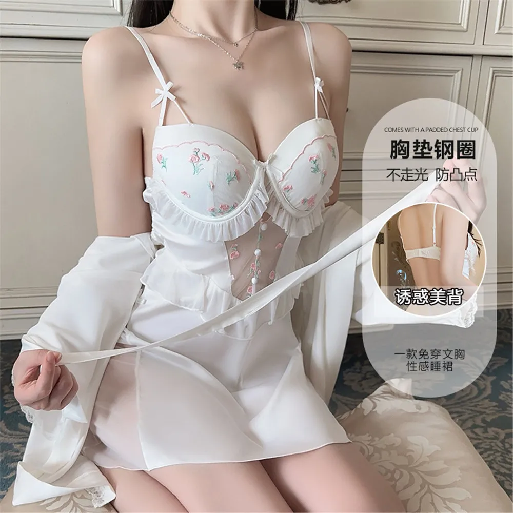 

White Lace Bride Bridesmaid Wedding Robe Set Women Summer Sleepwear Kimono Bathrobe Gown Loose Casual Sleep Suit Sexy Home Dress