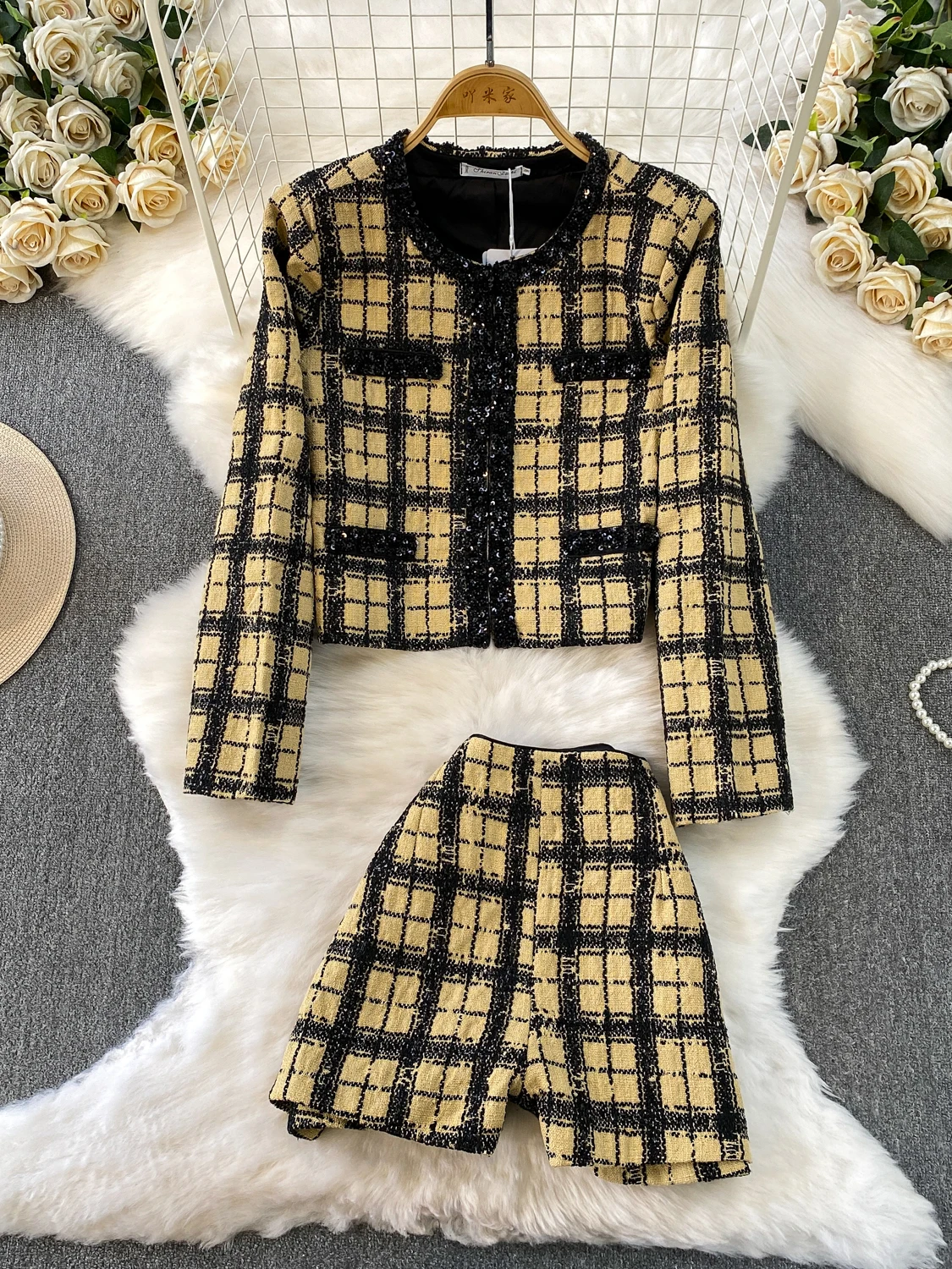 

Твидовое пальто Ele ort с вышитыми бусинами, тяжелый топ с квадратным узором и юбкой ort, комплект из двух предметов для женщин