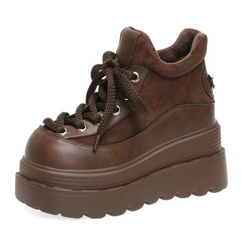 2026 NEW Leather Platform Ankle Boots Wedge Chunky Sneaker Casual Comfy High Brand Autumn Winter Vulcanize Shoes Botas De Mujer