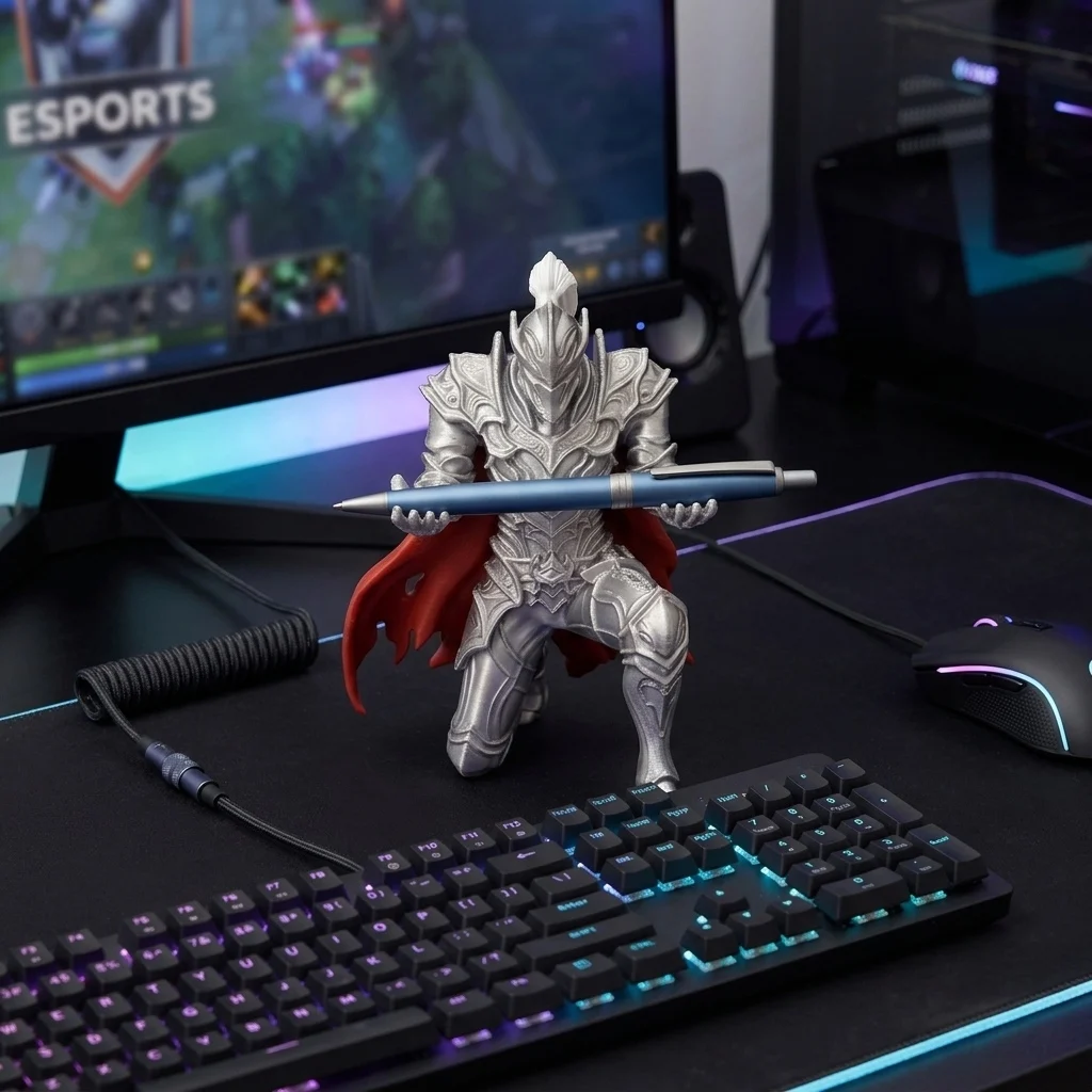 3D Printed Kneeling Knight Pen Holder Dark Fantasy Warrior Statue Desk Organizer Home Office Decoration