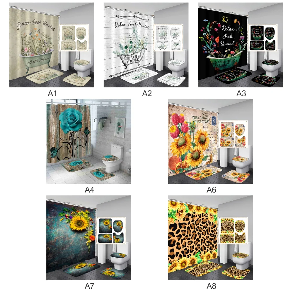 Butterfly Flower Printed Bathroom Shower Curtain Set Waterproof Shower Curtain Anti-skid Rugs Carpet Toilet Lid Cover Bath Mat