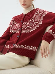 FSLE Christmas Sweater 14.5% Wool Round Neck Cable Knit Cardigan Women Autumn Winter New Arrival Red Pullover Warm Chic Top