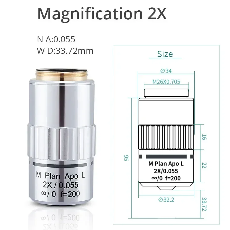 2X 5X 10X 20X 50X piano APO visibile obiettivo apocromatico metallografico infinito lunga distanza di lavoro uso per ispezione Semi