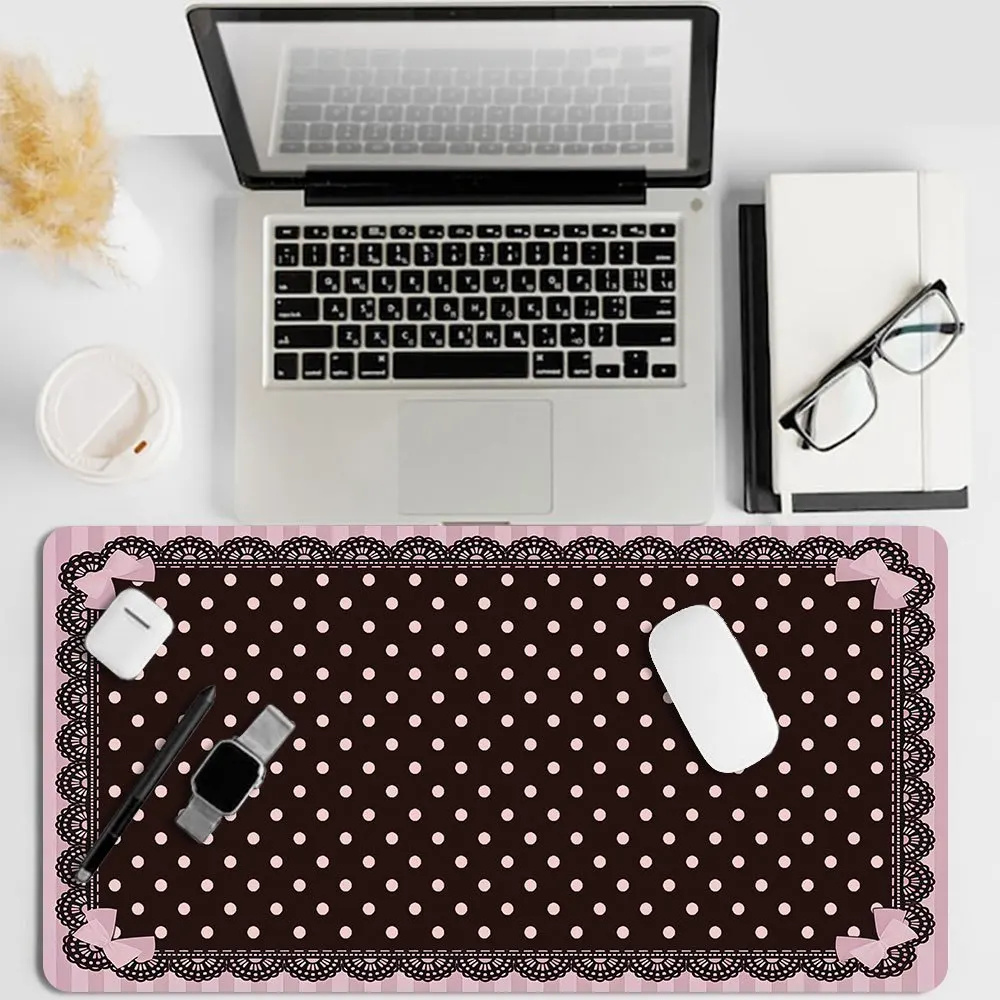 Pink Black Lace Polka Dot Large Gaming Mouse Pad XXL Extended Desk Mat Coquette Decor