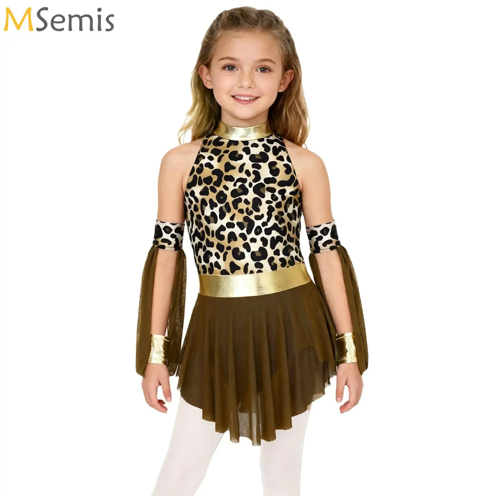 

Girls Halloween Prehistoric Cave Cosplay Costume Leopard Print Leotards Patchwork Sleeveless Mesh Dress And Matched Oversleeves