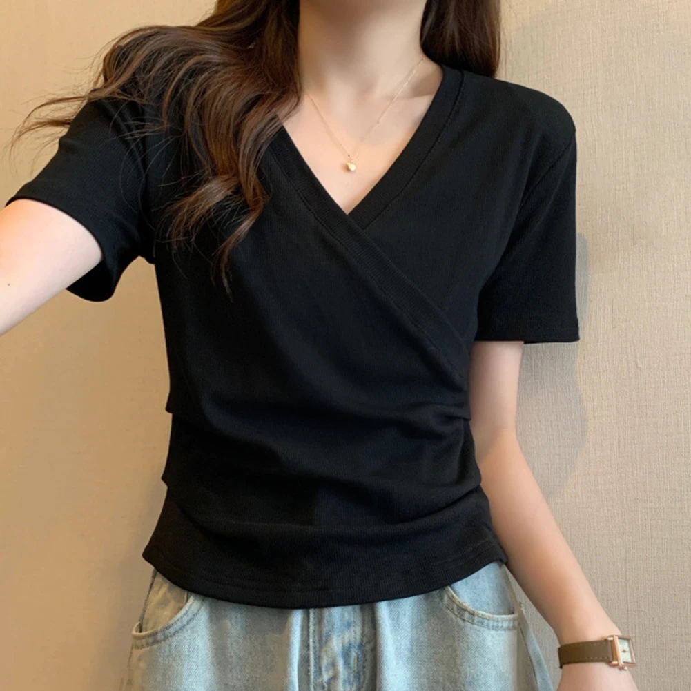 Top Women T-Shirt Daily Holiday Cross V-Neck Short Sleeve Skin-friendly Slight Stretch Slim-Fitting Solid Color