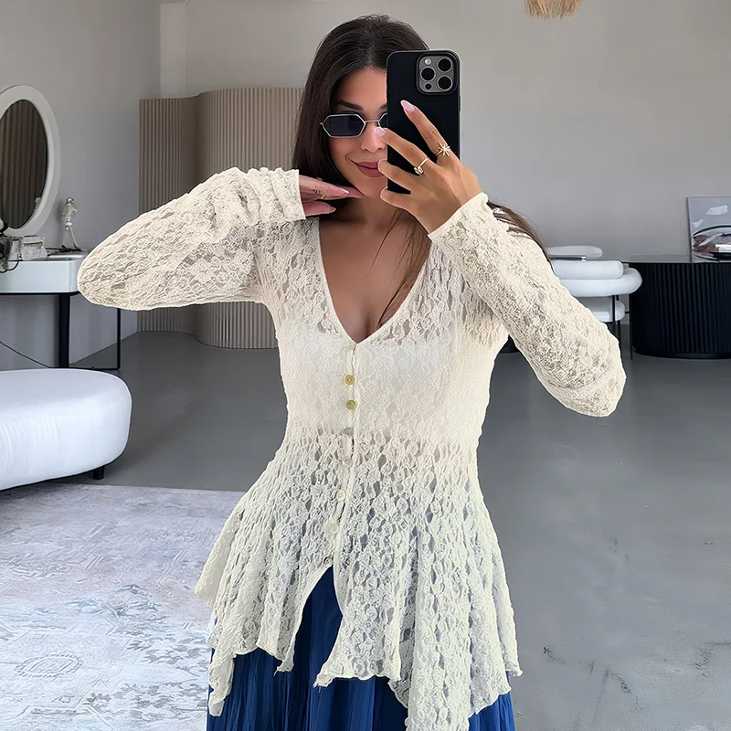 

Tornova Long Sleeve Irregular Cardigan Top Female Lace Splice Sexy V neck Slim Top Fashion Single Breasted Outwear Autumn 2025
