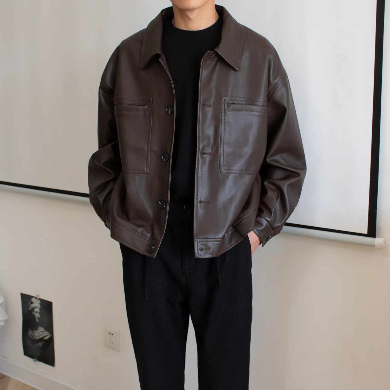 Spring and summer leather jacket men's Korean version loose locomotive short leather jacket ins retro jacket men