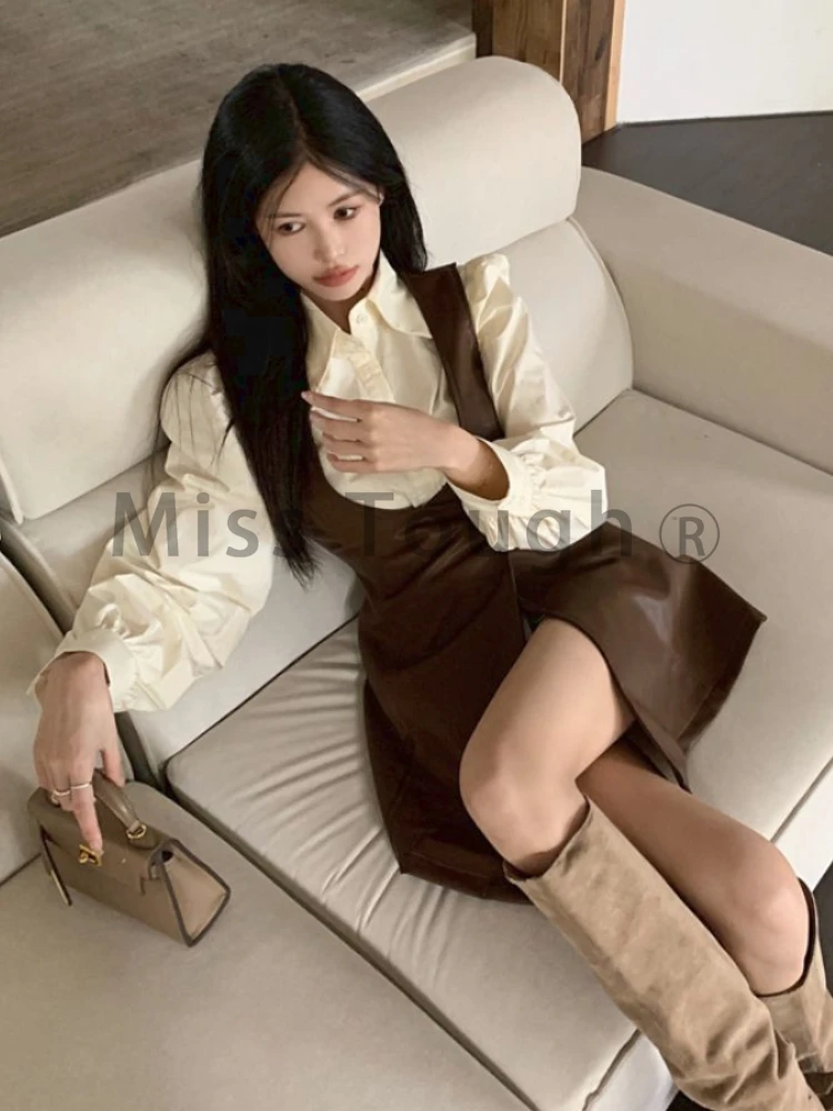 Winter Leather Vintage Two Piece Set Women Patchwork Elegant Suit Female Casual Korean Fashion Strap Dress+solid Shirt Set 2023