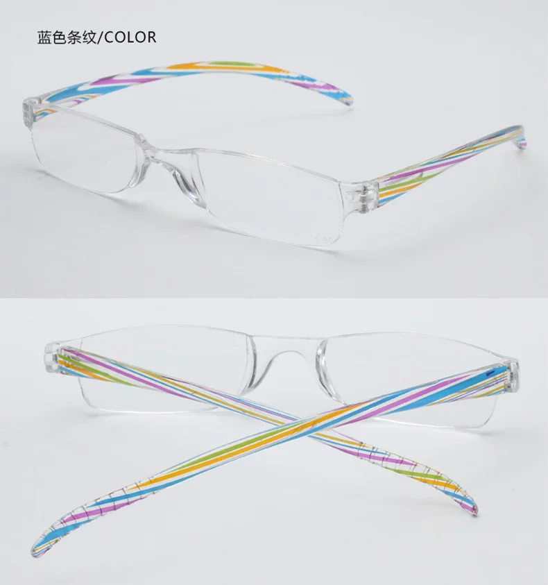 +1,0 ~ +4,0 Tragbare Weitsichtbrille Unisex Ultraleichte Lesebrille Rahmenlose Lesebrille aus Kunstharz mit halbem Rahmen – Detail 10
