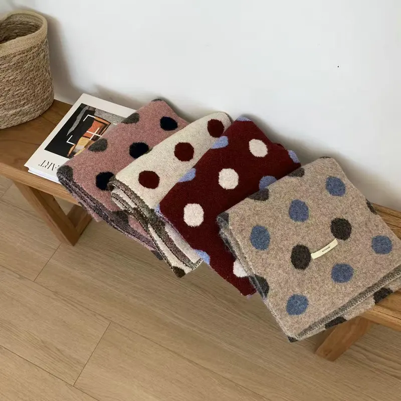 Korean Style Color Blocking Polka Dot Knitted Scarf For Women Students Winter Warm Versatile Neck Protection Scarf Sweet Funny