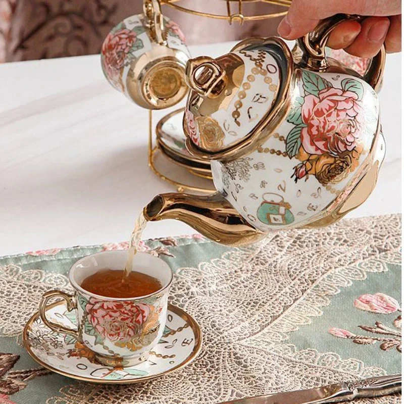 20 Pieces Porcelain Tea Set with Metal Holder European Ceramic Tea Set for Adults Flower Tea Set for Women with Floral