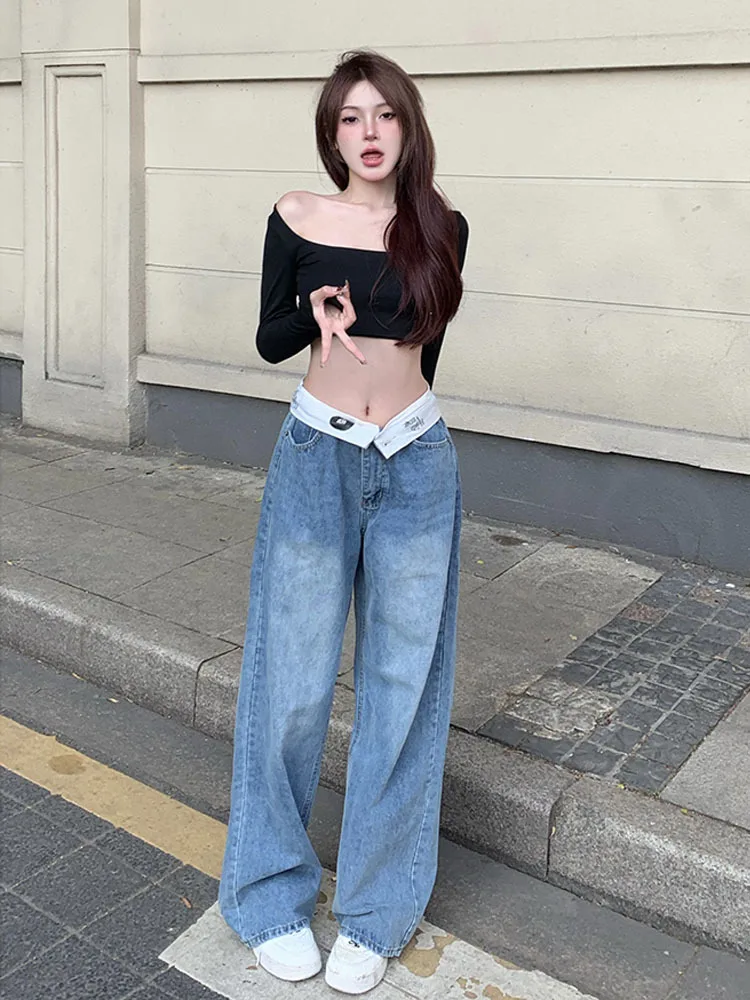 Korean Letter Printed Loose Casual Jeans Women 2023 Spring New High Waist Flap Fashion All-match Wide Leg Pants