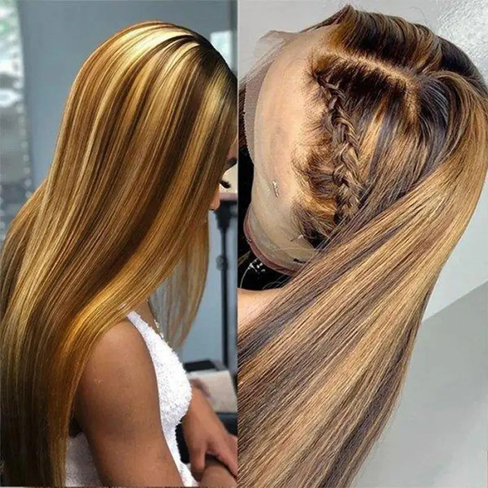 Evidenziare 13x4 Parrucche anteriori in pizzo per capelli umani Bone dritto Ombre Marrone P4/27 Parrucche frontali in pizzo brasiliano trasparente per le donne