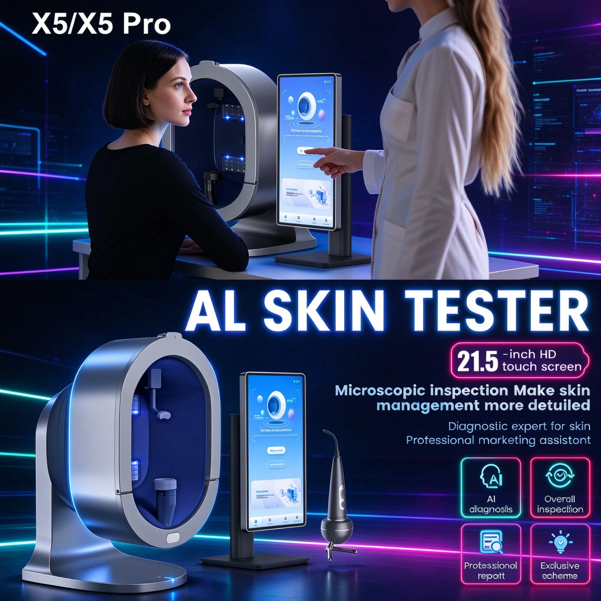 3D Magic Ai Facial Testing X5 ProMirror Wood Lamp Acne Scanner Skin Detector Skin Analyzer Facial Tester Facial Analyzer Machine