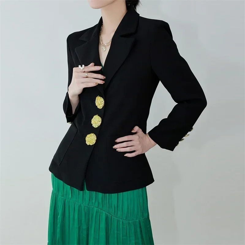 2024 New Fashion Fall Winter Office Womens Full Sleeve Big Gold Metal Button Pockets Casual Black Blazer Outerwear Coat