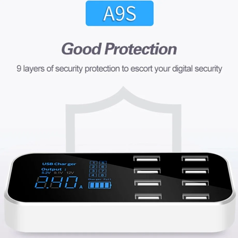 Grwibeou a9s rápido carregador de carro 8 portas multi usb display lcd carregador de telefone 12v carregador de bateria hub usb para tablets de telefone gps dvr