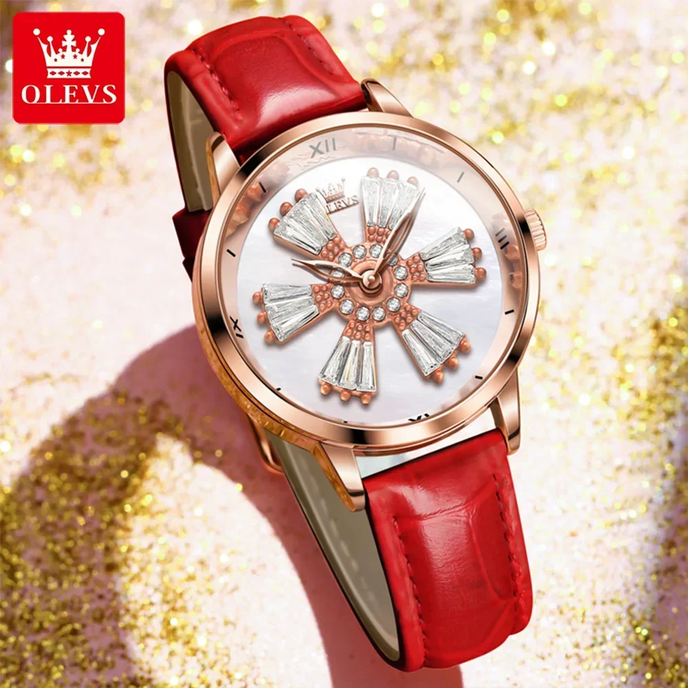 OLEVS Quartz Watch for Women In Rotation Flowers Dial Leather Strap Waterproof Fashion Elegant Women\'s Wristwatches Reloj Mujer