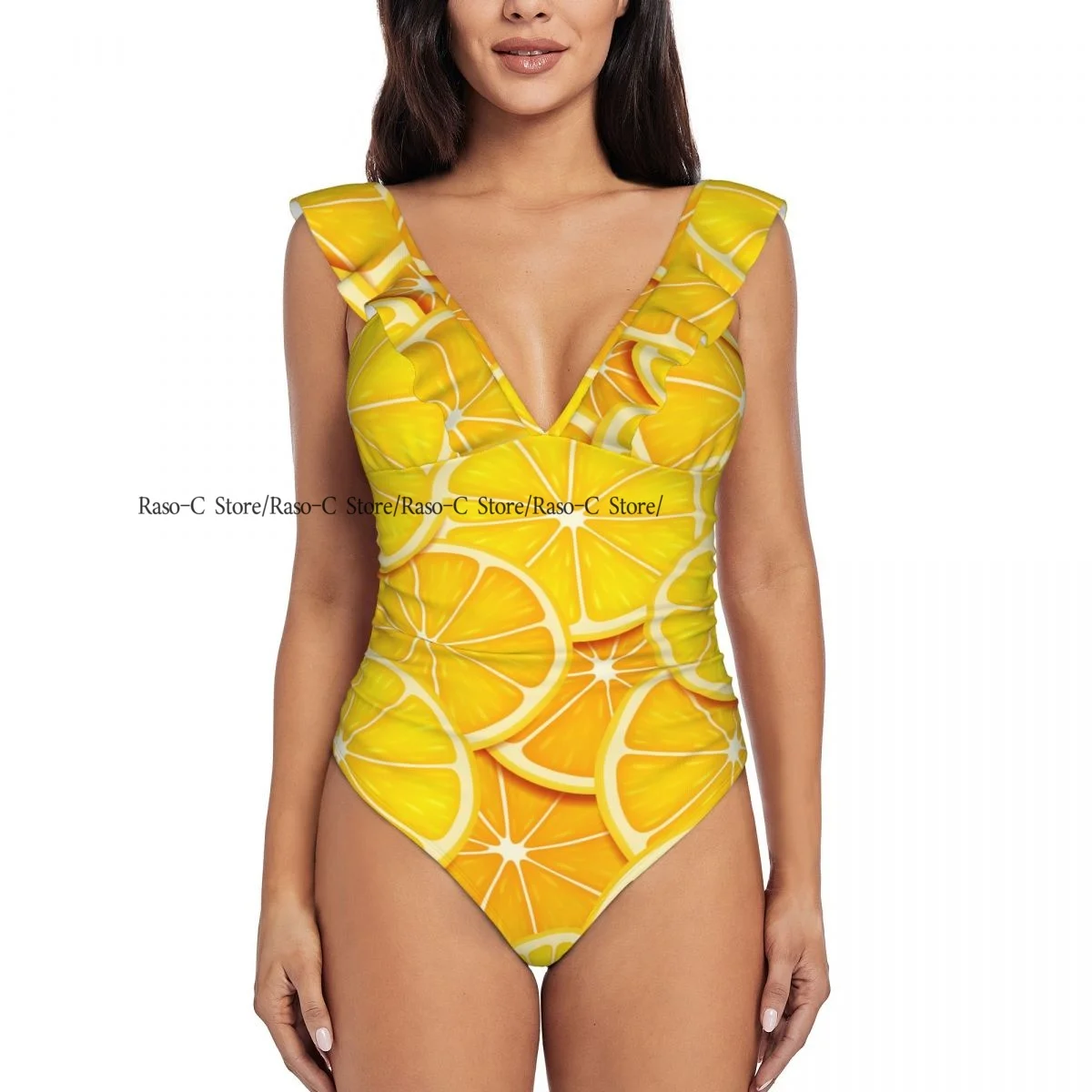 Ruffle Women Sexy One Pieces Swimsuit Swimwear Female Textures Lemon Slices Bright Monokini Bathing Suit Beachwear