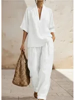 Fashion Cotton Linen Pant Set Women's Casual Stand Collar Button Top Wide Leg Trousers 2-piece Set Retro Female Office Suit 2026 - Image 2