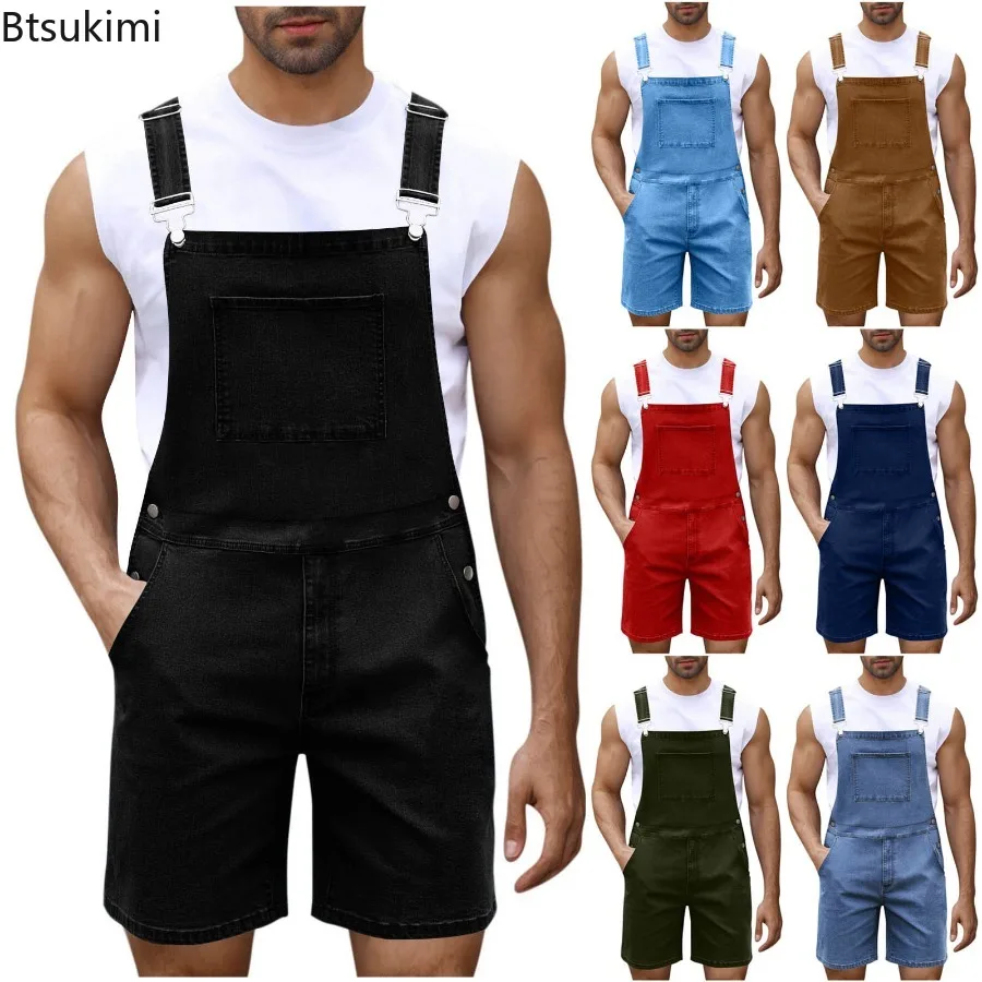 

New Men's Summer Jeans Casual Jumpsuits Straps Shorts Fashion Streetwear Denim Suspender Shorts Vintage Overalls with Pockets