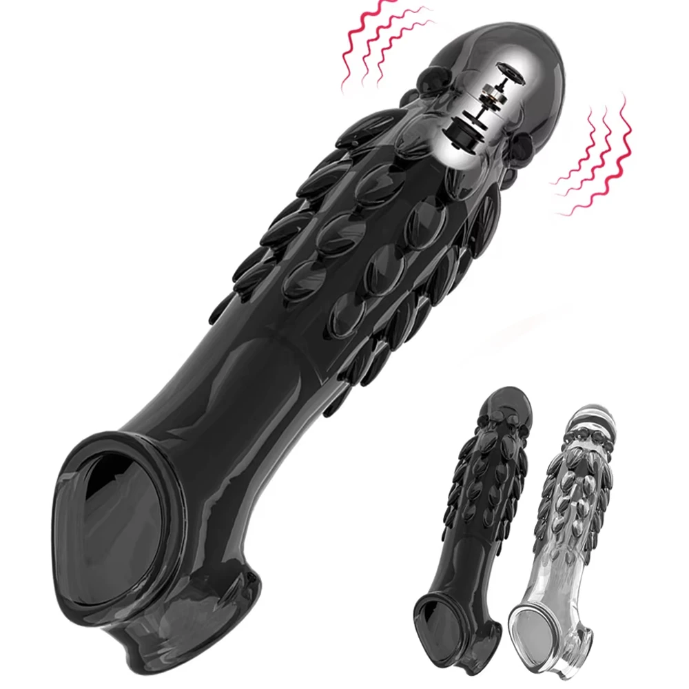 Reusable Condoms Penis Extend Sleeve with Vibrator Dick Enlarger Dildo Enhancer Delay Ejaculation Cock Rings Sex Toys for Men