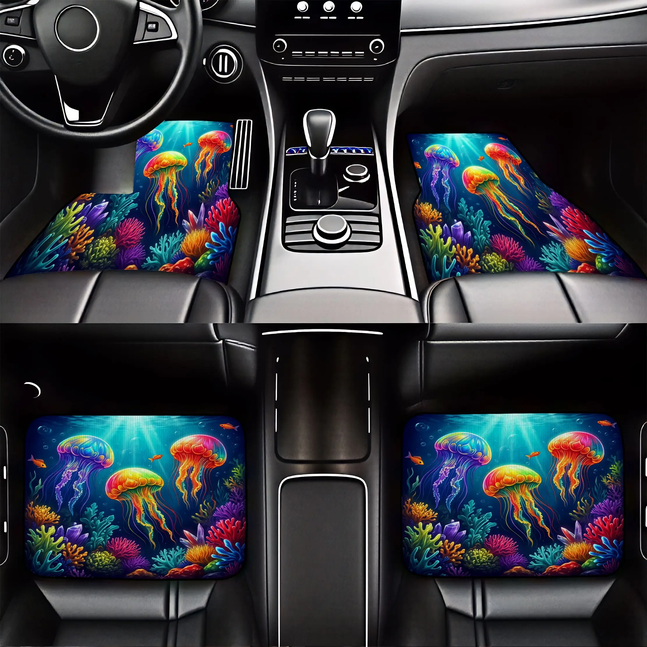 4pcs Ocean Jellyfish Coral Reef Pattern Crystal Velvet Car Floor Mats - Dust Proof Durable With Vibrant Underwater Design Suitab