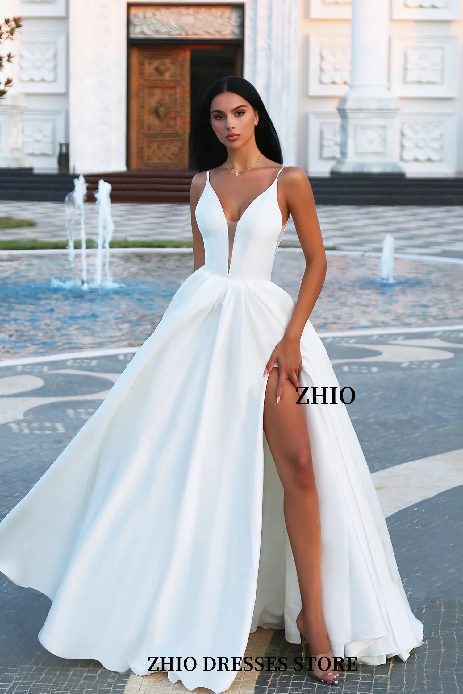 ZHIO Shiny Lace Satin Wedding Dress Sleeveless A-line Side Split Backless Bridal Dress Vestido de Novia Customized