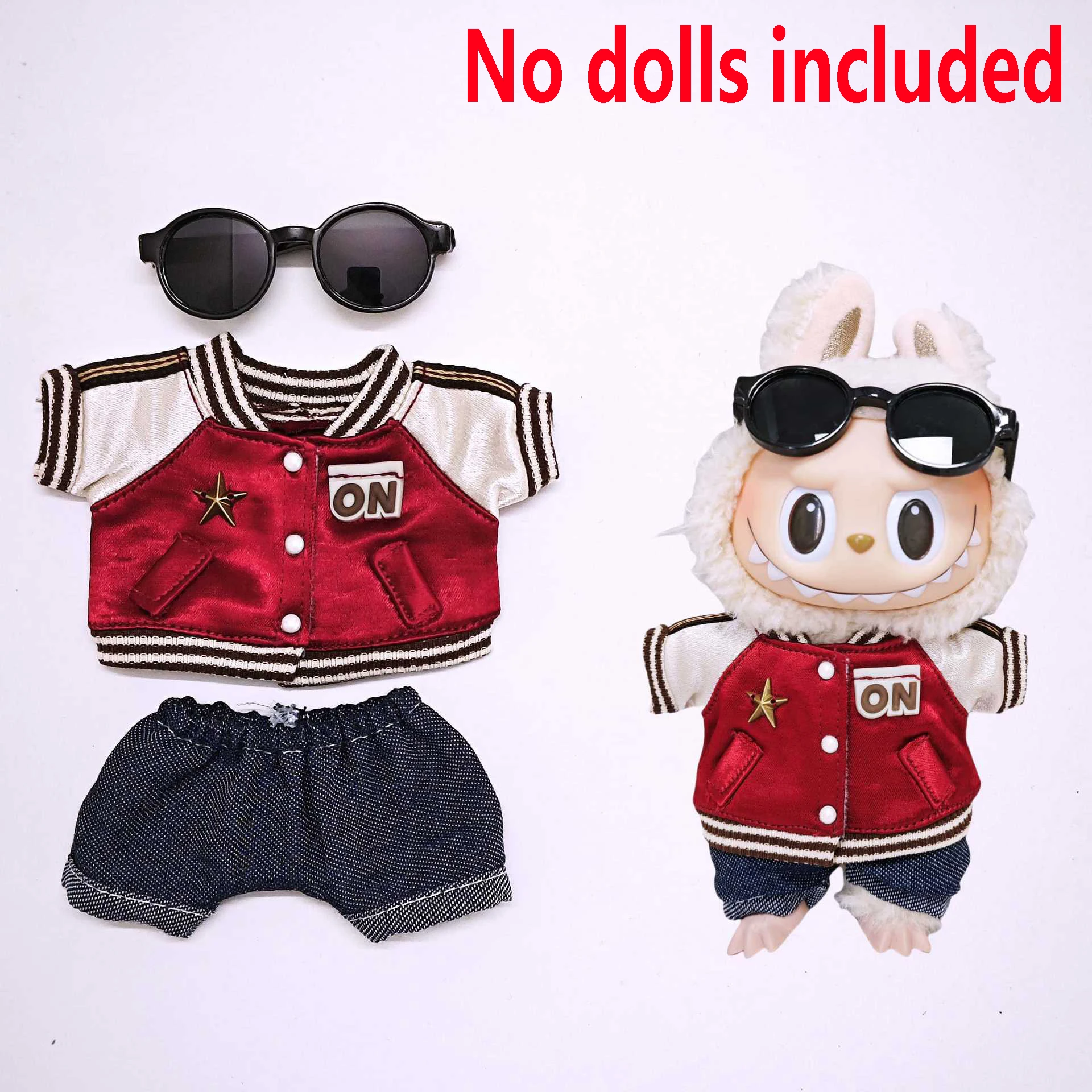Roupas de bebê labubu de alta qualidade, 15cm - 17cm, jaqueta de beisebol vermelha, calças, conjunto de sapatos, roupas universais labubu