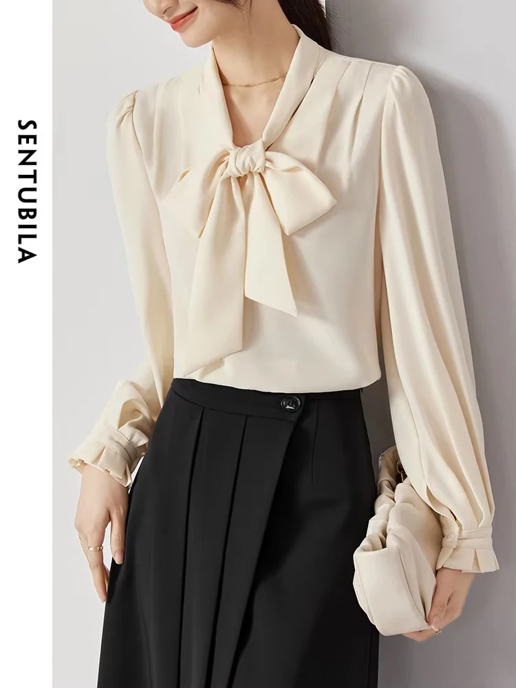 SENTUBILA Elegant Bow Neck Shirts & Blouses Women 2024 Office Lady Fashion Frenchy Long Sleeve Tops Woman Clothing 131V47412