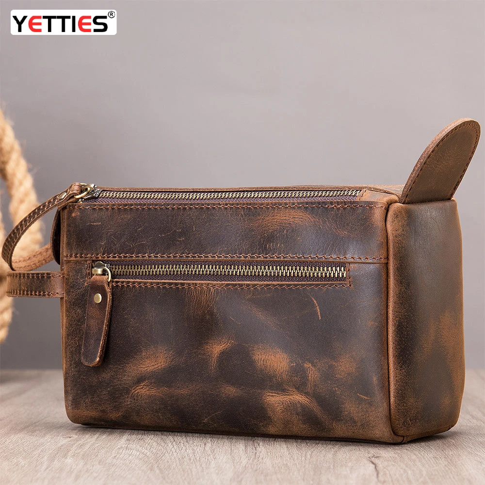 Men's Vintage Crazy Horse Leather Clutch Bag Large Capacity Genuine Cowhide Handbag Toiletry Pouch Luxury Travel Handheld Purse