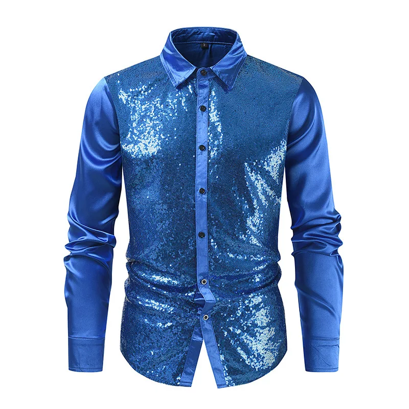 Men's Sequin Shirt Long Sleeve Button Down Multi Color Glitter Dress Shirt for Party Nightclub Stage Performance Disco Clubwear