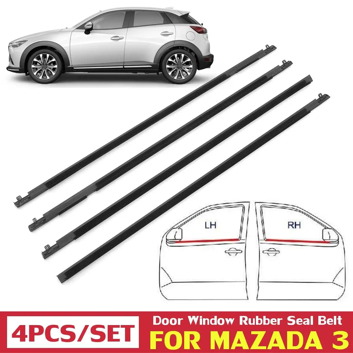 4 Pcs Car Window Door Belt Moulding Trims Weatherstrip Wind Rain Deflector Set For MAZADA 3 Black Auto Seals